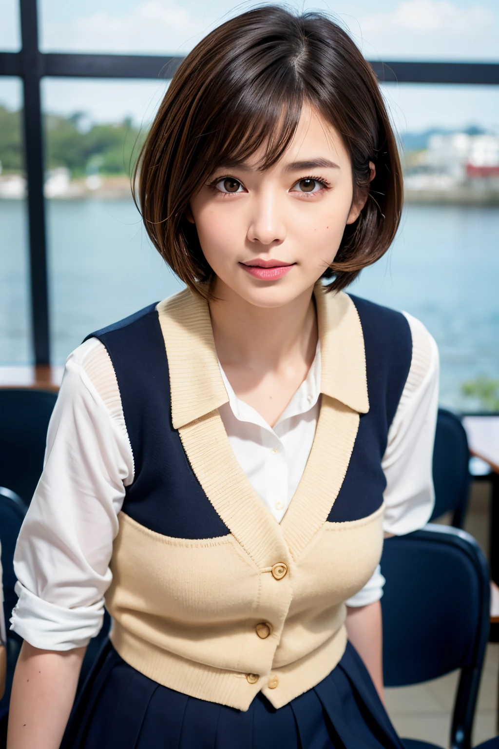 Best Quality, Face Focus, Soft light, 超A high resolution, (Photorealistic:1.4), Raw photo, 1日本人の女の子, Solo, Cute, (Shy smile:0.5), (Brown eyes, Light in the eyes), Detailed beautiful face, (Small chest),(High-resolution details of human skin texture), (Short bob hair), BREAK, in class room,Navy Uniform, vests, Skirt