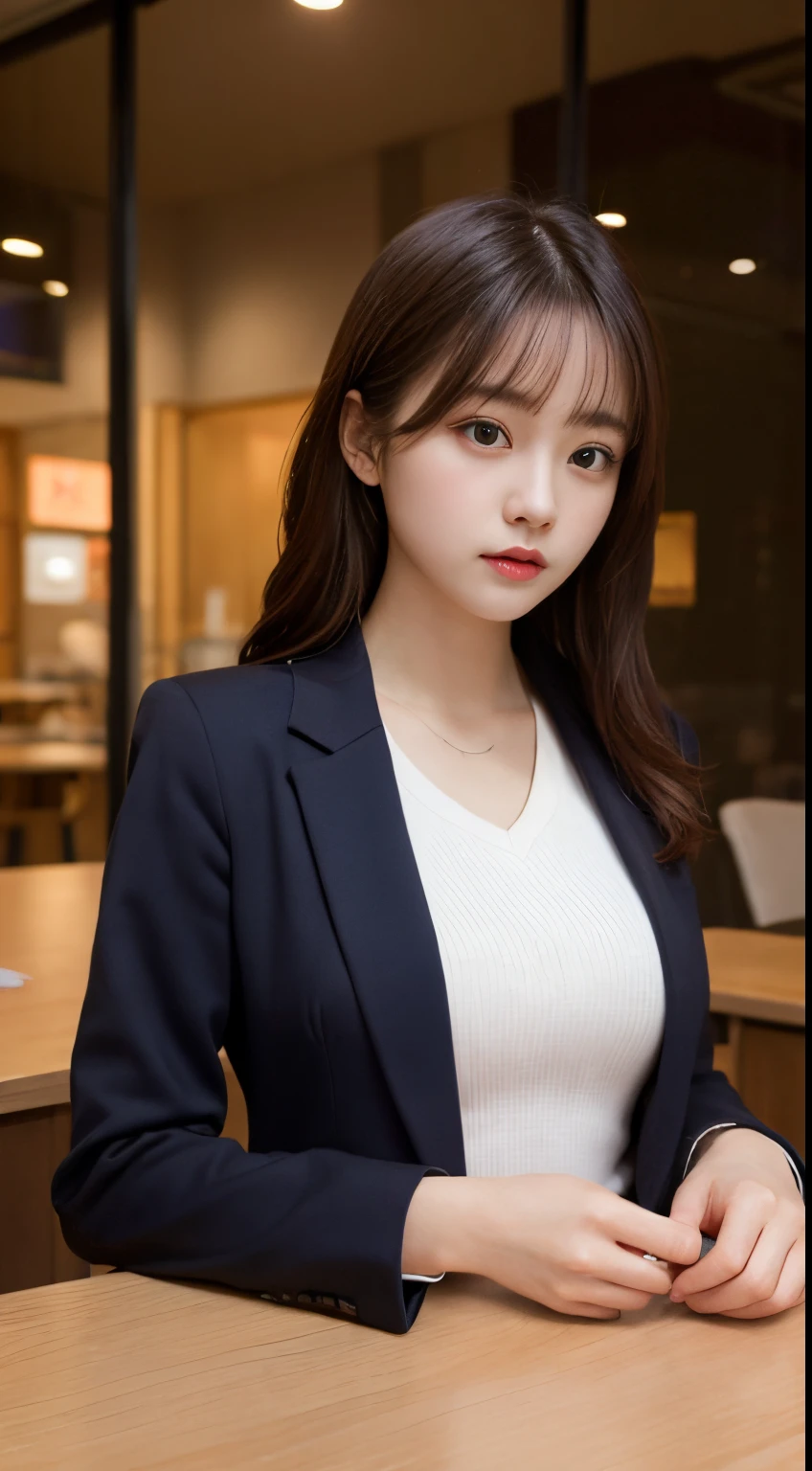 On a table, Best quality, lamplight, ultra - detailed, Detailed pubic hair, A high resolution, 8k wallpaper, Perfect dynamic composition, beautidful eyes, Natural lips,blazer jacket ,校服, Lop, Full body lesbian,Put your hands in your pockets
