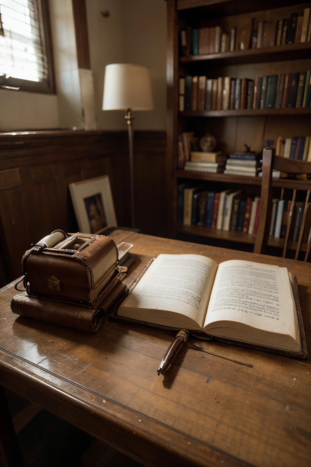 Describe a scene set in a quiet corner of an old Indian study, where an antique writing table takes center stage, ((On the table, there's parchment waiting to be filled, a classic fountain pen poised for action, a substantial paperweight holding down loose pages)), a collection of well-worn books surrounding the scene, (Capture the ambiance of this nostalgic space), evoking a sense of history and literary inspiration