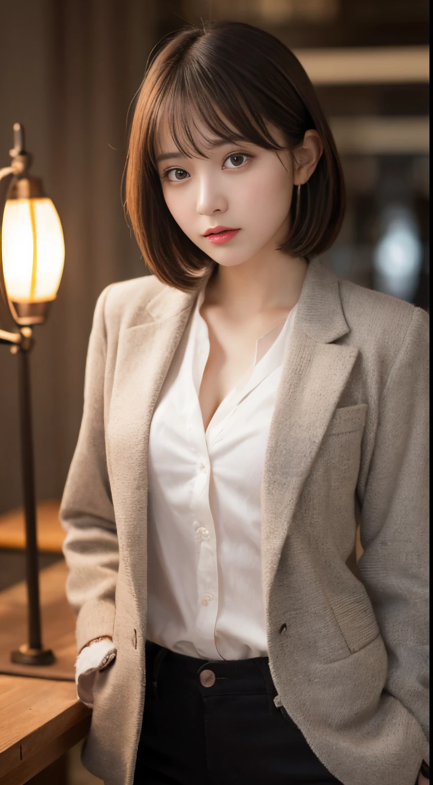 On a table, Best quality at best, lamplight, ultra - detailed, Detailed pubic hair, A high resolution, 8k wallpaper, Perfect dynamic composition, beautidful eyes, Natural lips,blazer jacket ,校服, Lop, Full body lesbian,Put your hands in your pockets