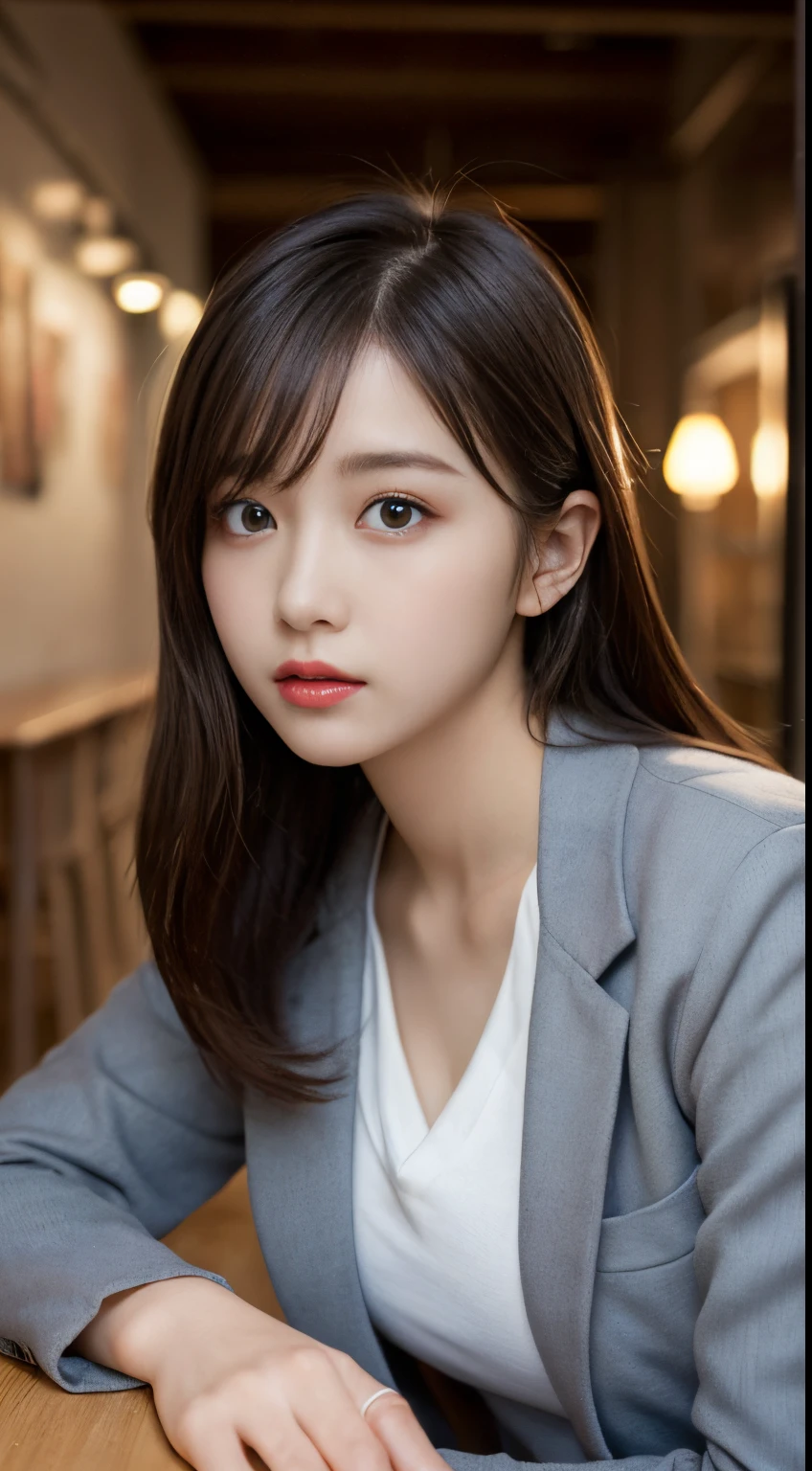 On a table, Best quality at best, lamplight, ultra - detailed, Detailed pubic hair, A high resolution, 8k wallpaper, Perfect dynamic composition, beautidful eyes,  Natural lips,blazer jacket ,校服, Lop, Full body lesbian,Put your hands in your pockets