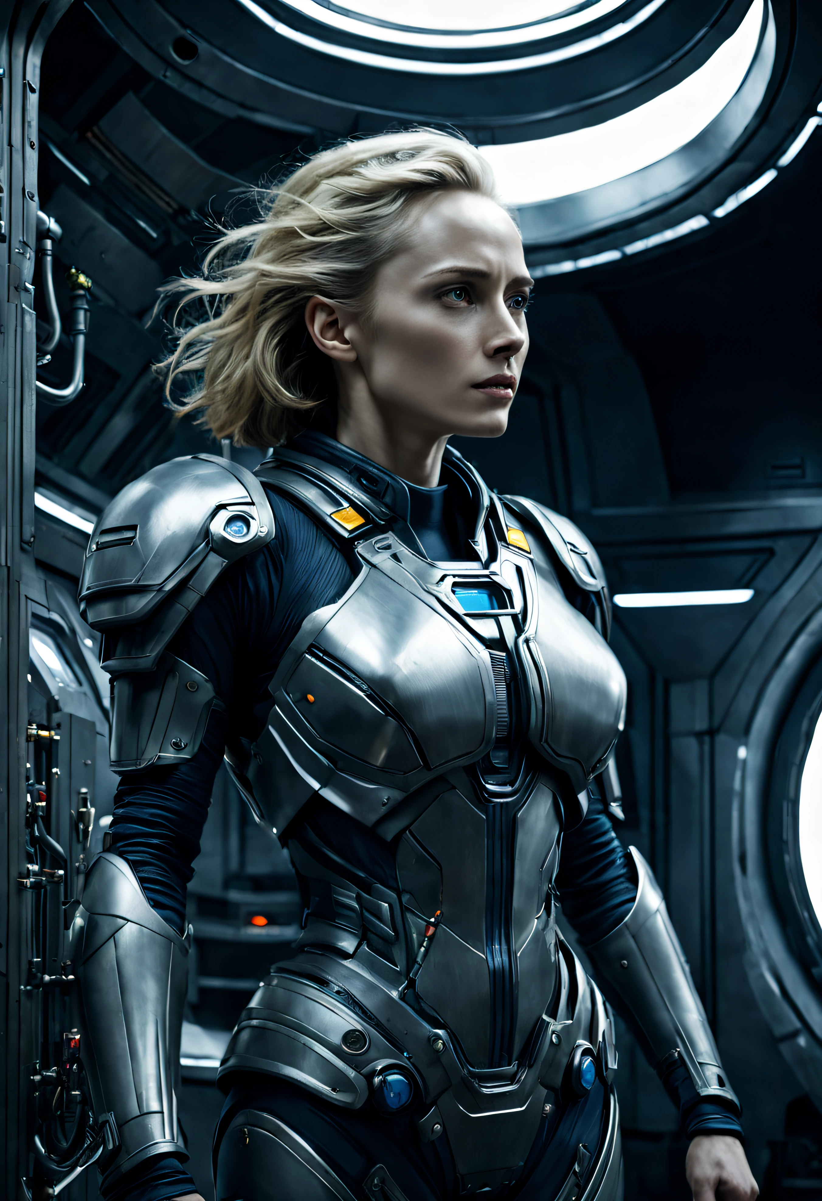 basado en la pelicula prometheus, una tripulante femenina bellisima, de la tripulacion de la spacecraft prometheus con su uniforme de proteccion, se encuentra inspeccionando una antigua ciudad altamente tecnologica , actualmente semiderruida, pero que conserva maquinaria tecnologica en sus calles, todo lleno de imaginacion,ciencia ficcion y (intrincados detalles de la maquina).imagen fotorrealista,nitidez maxima, calidad 8k.(obra maestra de calidad superior).