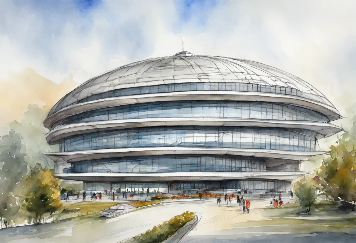 Araffature of building with dome roof and parking lot, Cha Shibiao, shenzhen, Inspired by Cha Shibiao, Zaha Hadid style architecture, Zaha Hadid architect's style, Zaha Hadid Architecture, huge futuristic building, Hangzhou, Baotou, China, zaha hadid building, full view, futuristic sport arena,