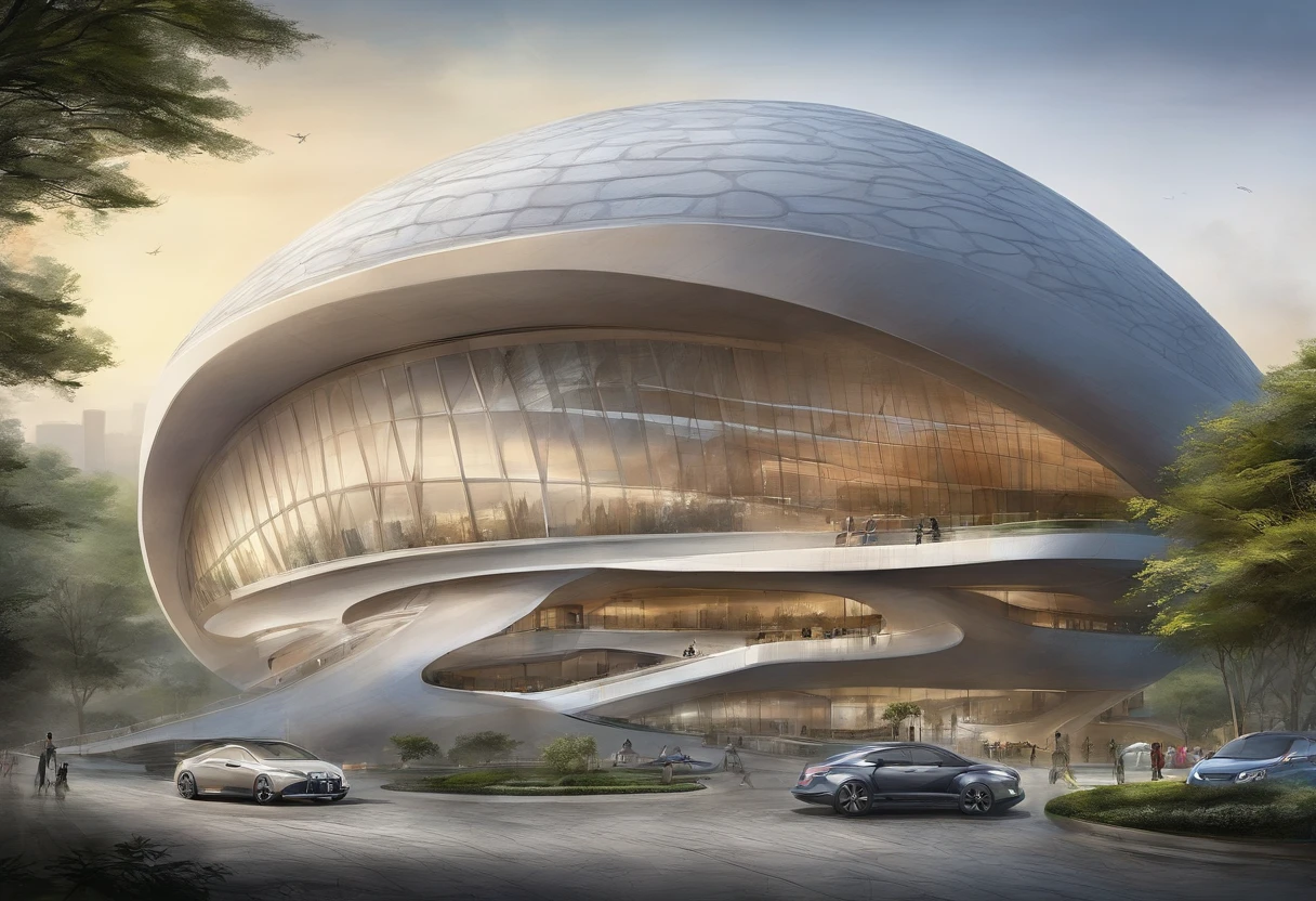 Araffature of building with dome roof and parking lot, Cha Shibiao, shenzhen, Inspired by Cha Shibiao, Zaha Hadid style architecture, Zaha Hadid architect's style, Zaha Hadid Architecture, huge futuristic building, Hangzhou, Baotou, China, zaha hadid building, full view, futuristic sport arena,