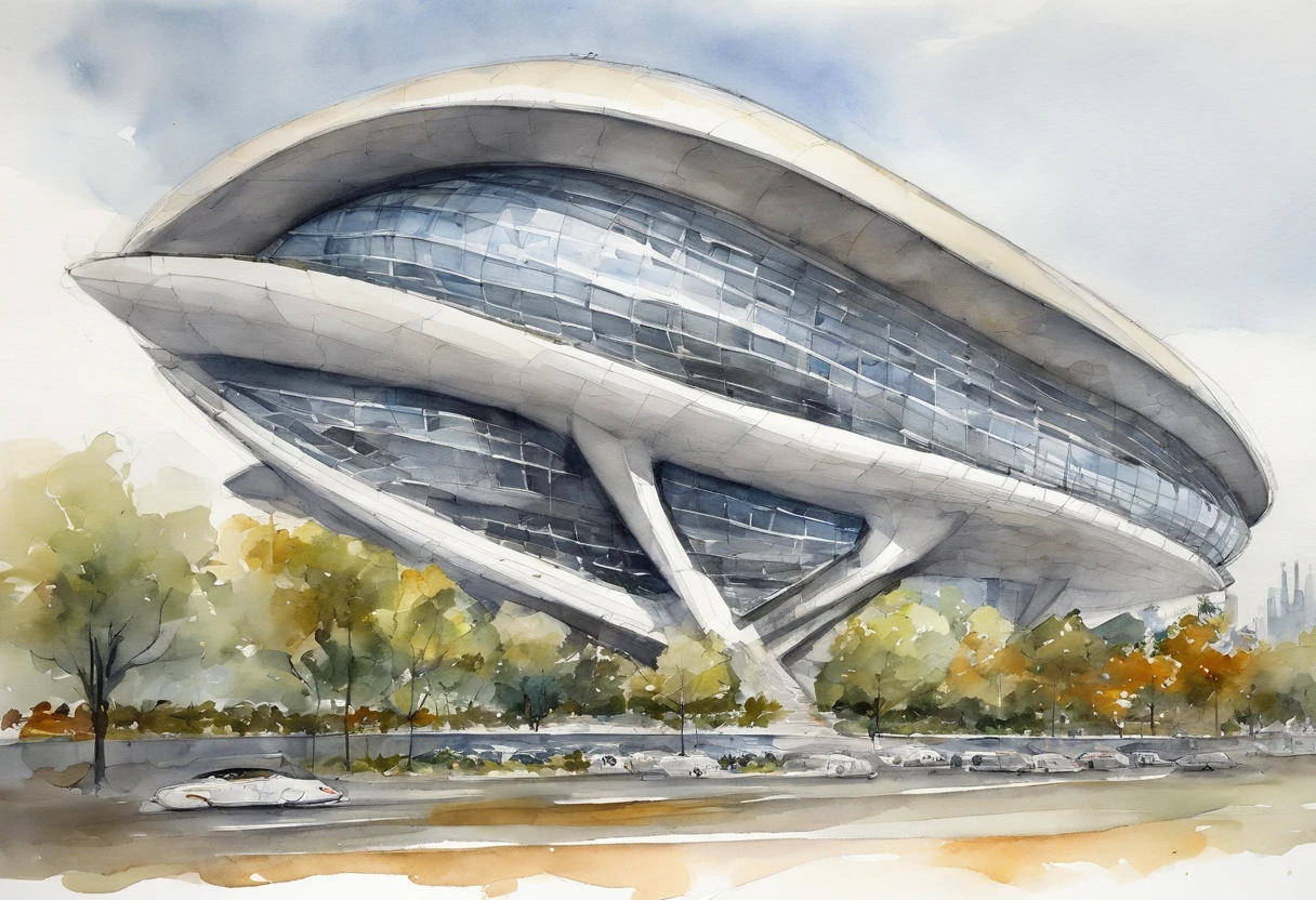 Araffature of building with dome roof and parking lot, Cha Shibiao, shenzhen, Inspired by Cha Shibiao, Zaha Hadid style architecture, Zaha Hadid architect's style, Zaha Hadid Architecture, huge futuristic building, Hangzhou, Baotou, China, zaha hadid building, full view, futuristic sport arena,