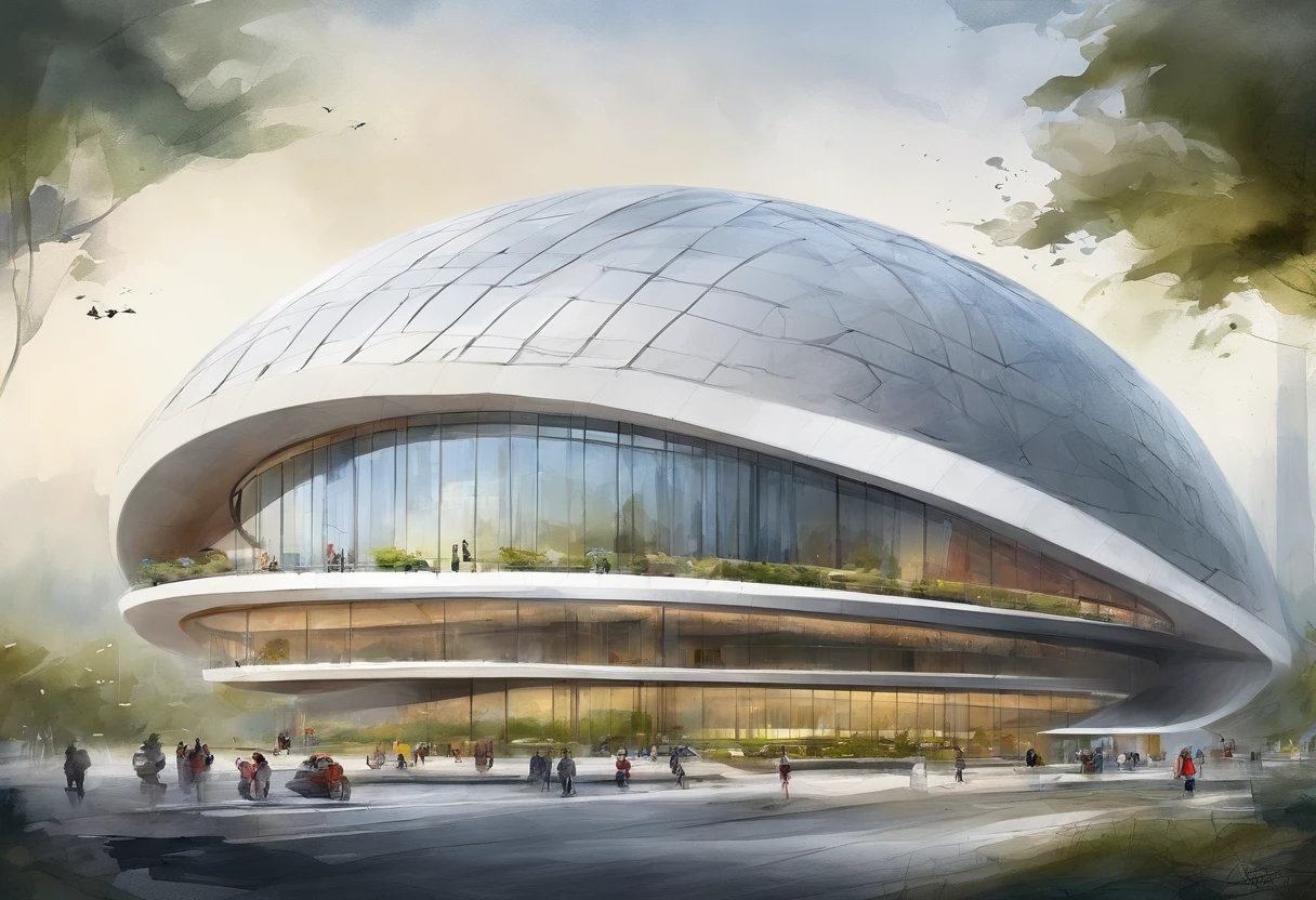 Araffature of building with dome roof and parking lot, Cha Shibiao, shenzhen, Inspired by Cha Shibiao, Zaha Hadid style architecture, Zaha Hadid architect's style, Zaha Hadid Architecture, huge futuristic building, Hangzhou, Baotou, China, zaha hadid building, full view, futuristic sport arena,