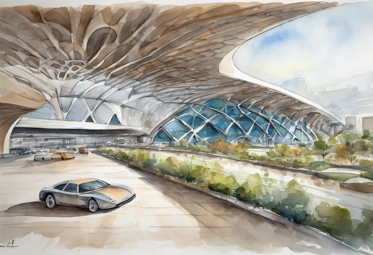 Araffature of building with dome roof and parking lot, Cha Shibiao, Inspired by Cha Shibiao, Zaha Hadid style architecture, Zaha Hadid architect's style, Zaha Hadid Architecture, huge futuristic building, zaha hadid building, full view, futuristic sport arena, beijing