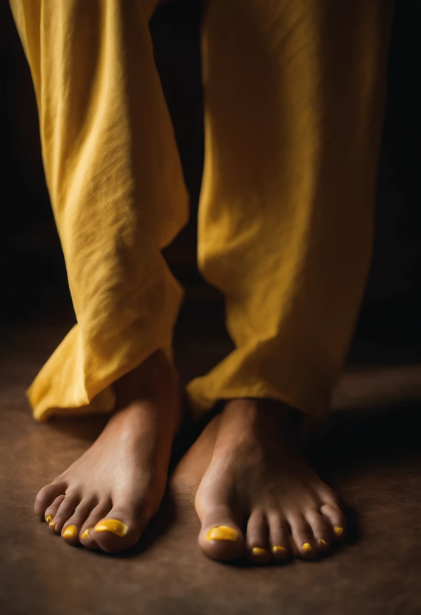 The image is a close-up of a pair of feet with freshly painted yellow toenails and a seductive pose,original,Club foot. Mid length hair. Pale. Crazy eyes. White man. Brown hair. Thin. , male