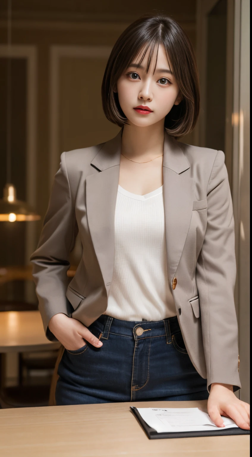 On a table, Best quality, lamplight, ultra - detailed, Detailed pubic hair, A high resolution, 8k wallpaper, Perfect dynamic composition, beautidful eyes, Natural lips,blazer jacket ,校服, Lop, Full body lesbian,Put your hands in your pockets