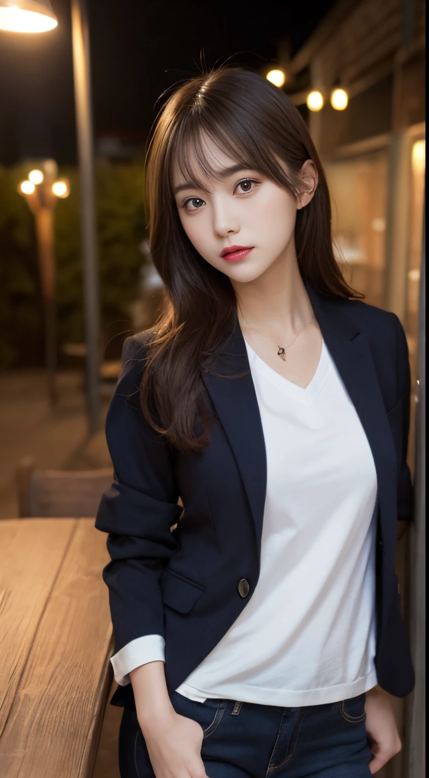 On a table, Best quality, lamplight, ultra - detailed, Detailed pubic hair, A high resolution, 8k wallpaper, Perfect dynamic composition, beautidful eyes, Natural lips,blazer jacket ,校服, Lop, Full body lesbian,Put your hands in your pockets