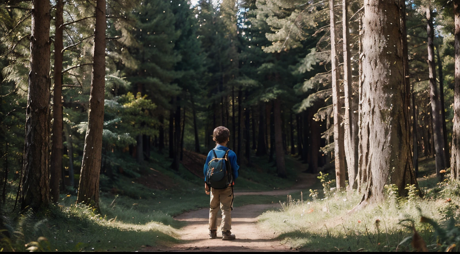 disney 3d style, Billy, a young boy with tousled hair and a backpack, standing at the edge of the forest with a look of curiosity and wonder.