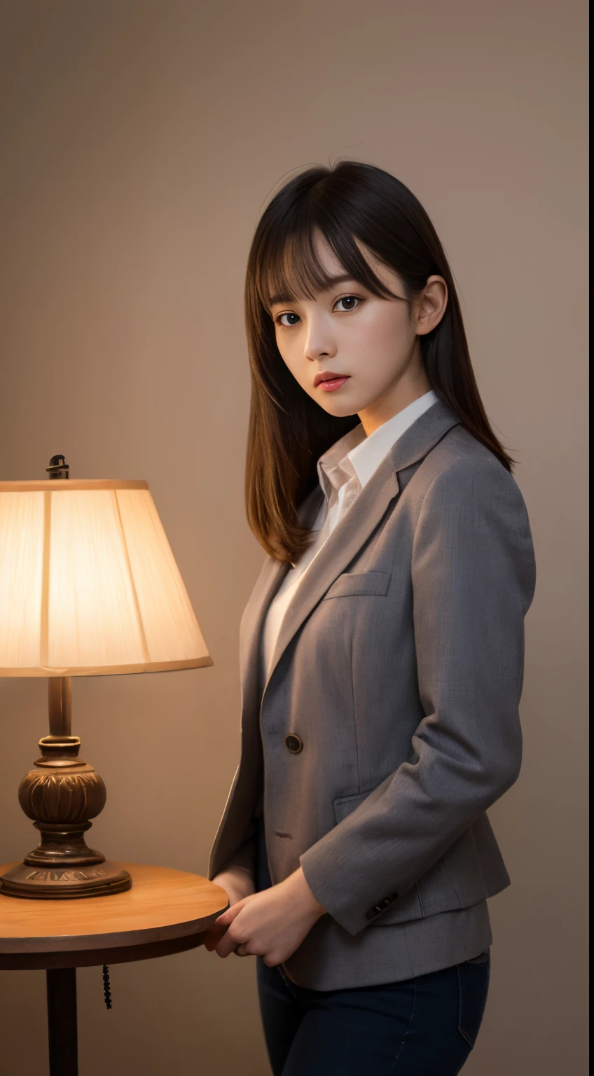 On a table, Best quality, lamplight, ultra - detailed, Detailed pubic hair, A high resolution, 8k wallpaper, Perfect dynamic composition, beautidful eyes, Natural lips,blazer jacket ,校服, Lop, Full body lesbian,Put your hands in your pockets