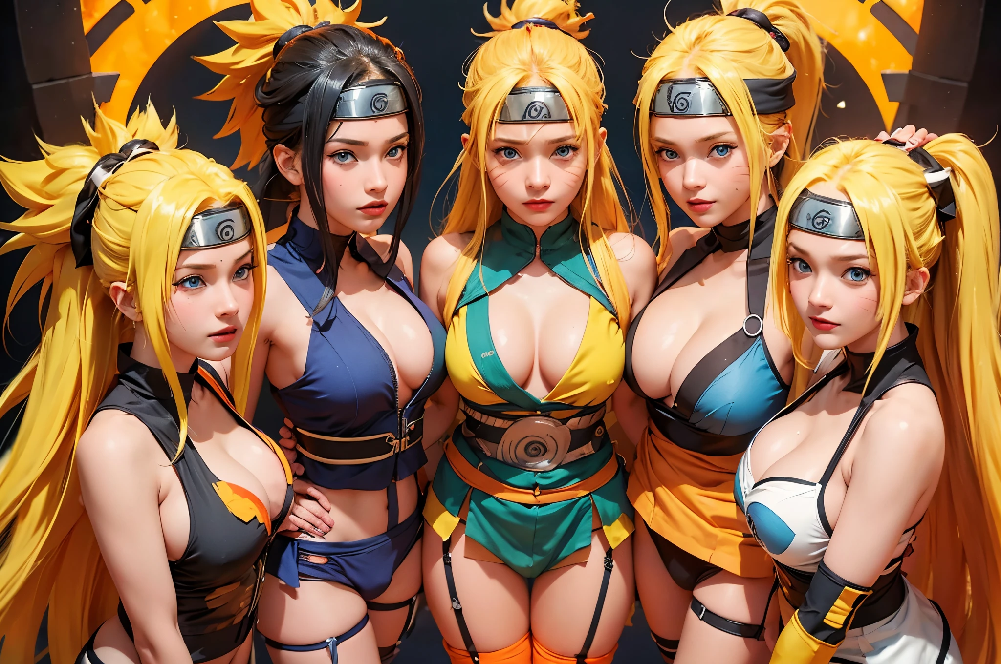 generate 5Narutoes all with yellow hair from naruto anime, best quality, masterpiece,so manygirl, smile, raytracing, ultra detailed, 8k wallpaper, wide hips, tsundere face, large breast, ninja headband. (long hair:1.1),yellow hair, ((blue eyes)), looking at viewer, collarbone, orange bikini, cleavage, female, at ramen shop, eating ramen. surrounded by narutoes, cat whiskers cheek, (((more than 2 narutoes))) full body picture, full body shoot, ((kage bunshin no jutsu)), masterpiece, best quality:1.2),(8k,highres,RAW photo,realistic,photo-realistic:1.3),(detailed skin texture,detailed cloth texture,beautiful detailed face:1.25),professional lighting,photon mapping,beautiful soft light,radiosity,physically-based rendering,model shoot style, model shoot style, (extremely detailed CG unity 8k wallpaper), full shot body photo of the most beautiful artwork in the world, complex 3d render ultra detailed, looking at viewer, 18 yo, wet hair, real human skin, vibrant details, hyperrealistic, beautiful, octane render, 8k, best quality, masterpiece, an extremely delicate and beautiful, extremely detailed ,CG ,unity ,wallpaper, (realistic, photo-realistic:1.37),Amazing, finely detail, masterpiece,best quality,official art, extremely detailed CG unity 8k wallpaper ,extreme detailed eyes, (perfect face), shiny skin, colorful, highest detailed, vibrant colors, ultra high res, (high contrast), intricate, lens flare, (blue wind effect), (rasengan)