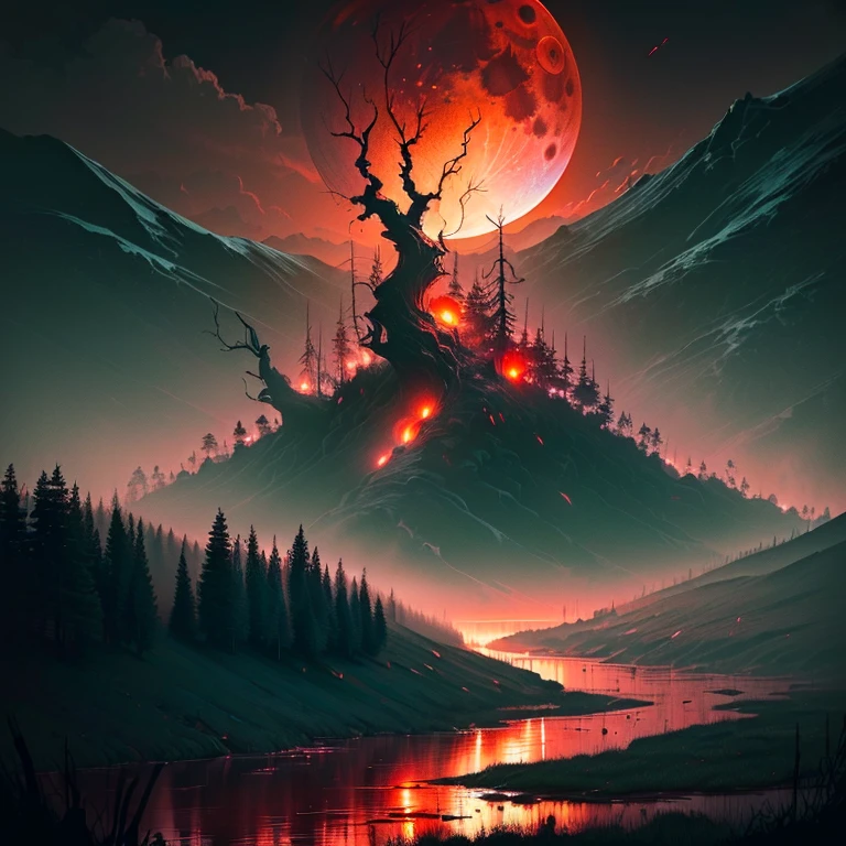 (masterpiece, best quality:1.4), cinematic light, colorful, high contrast, mountain, grass, tree, night, (horror (theme):1.2), (mon(masterpiece, best quality:1.4), (captivating digital art), cinematic lighting, colorful, high contrast, eerie mountain landscape, lush grass, twisted trees, night scene, (horror theme:1.2), (menacing monster:1.2) lurking in shadows, dark atmosphere, blood rain pouring down, blood-red river flowing, haunting blood moon in the sky, chilling and intense visual experiencester:1.2), dark, blood rain, blood river, blood moon