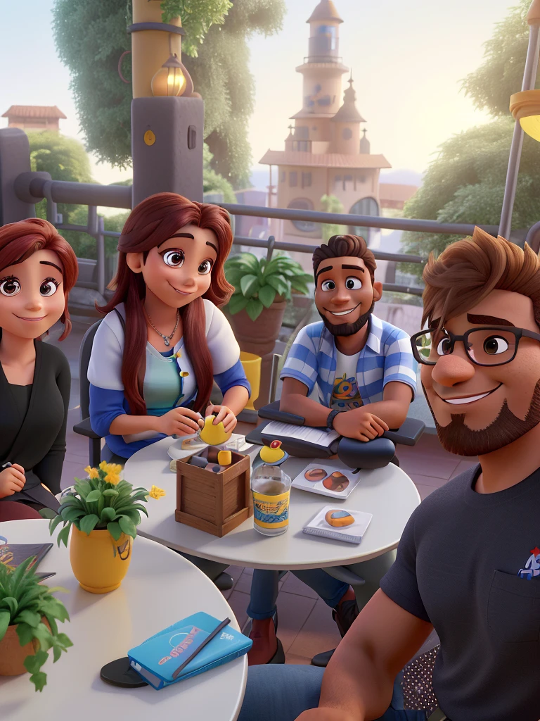 Mulher sorrindo cabelo amarelo, homem moreno , cabelo preto, com barba sorrindo, estilo Disney Pixar,alta qualidade, melhor qualidade.