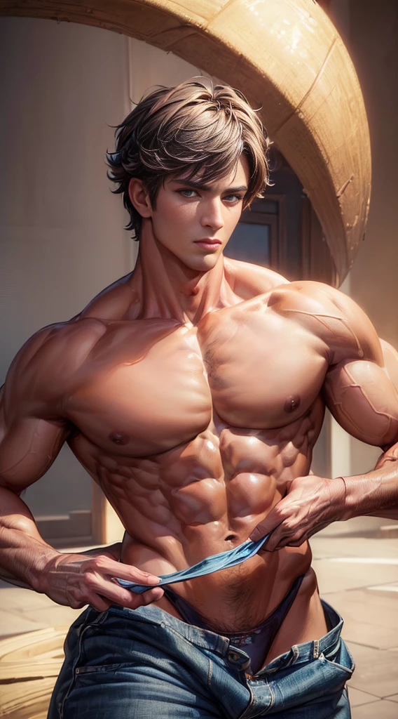 (masterpiece,best quality,8k,ultra-detailed:1.5),ultra realistic,solo standing male,muscular,handsome,(((perfect face,perfect eyes))),(topless),anime style,illustration,(''underwear,big bulge''),realistic shade,sharp,detailed beautiful face and eyes,perfect body beauty,(dynamic pose),shiny skin