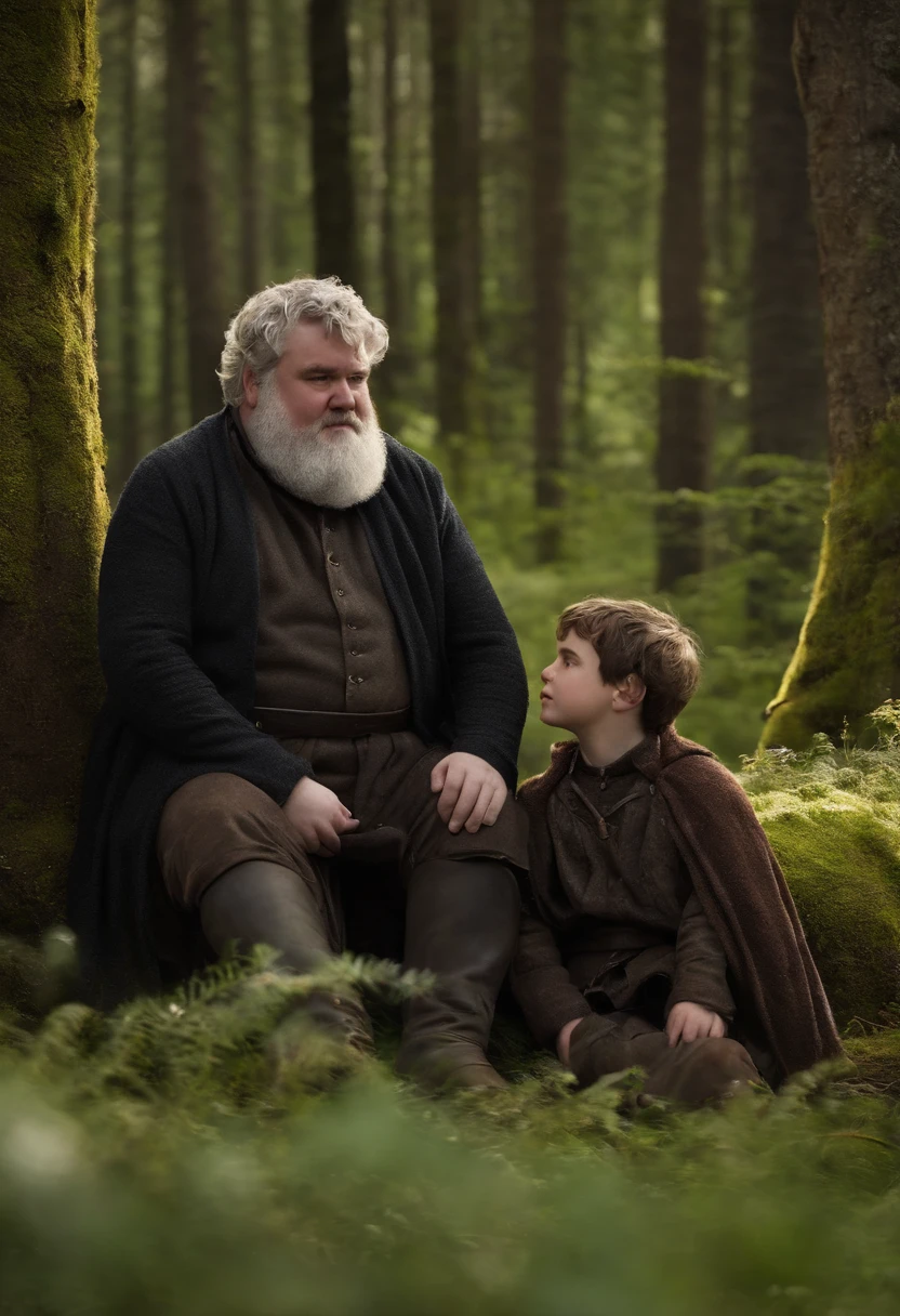 A photo of Hodor and Bran Stark sharing a peaceful picnic in the woods,Game of Thrones,Hodor, a beloved character from “Game of Thrones,” is notable for his towering height and robust build, giving him a gentle giant appearance. He has a simple, kind face, often marked by a look of confusion or contentment, and his clothing is typically plain and functional, suited to his role as a stable boy. , male