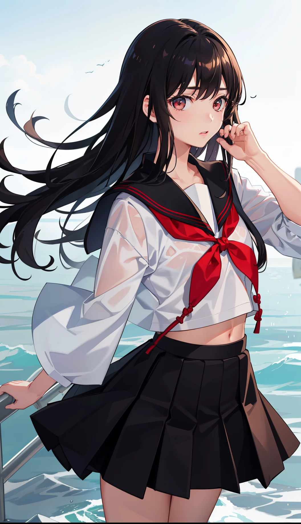 1girl in、AS-Adult、Light in the eyes、japanese hight school uniform、serafuku、by the wind、skirt by the、squall、Wet clothes、show through、(small tits)Chilarism、movement、Upper body portrait、