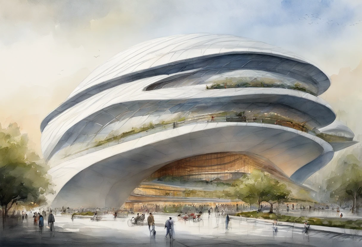 Araffature of building with dome roof and parking lot, Cha Shibiao, shenzhen, Inspired by Cha Shibiao, Zaha Hadid style architecture, Zaha Hadid architect's style, Zaha Hadid Architecture, huge futuristic building, Hangzhou, Baotou, China, zaha hadid building, full view, futuristic sport arena, beijing