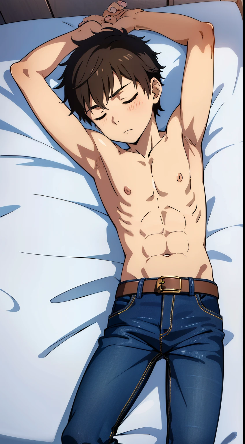Highres, Masterpiece, Best quality at best,Best Quality,hight quality, hight detailed, 1boys without clothes, young boy, 15-year-old boys, shota, (armpit), (shirtless), hansome, jeans, belt, watch, sleeping, on the bed
