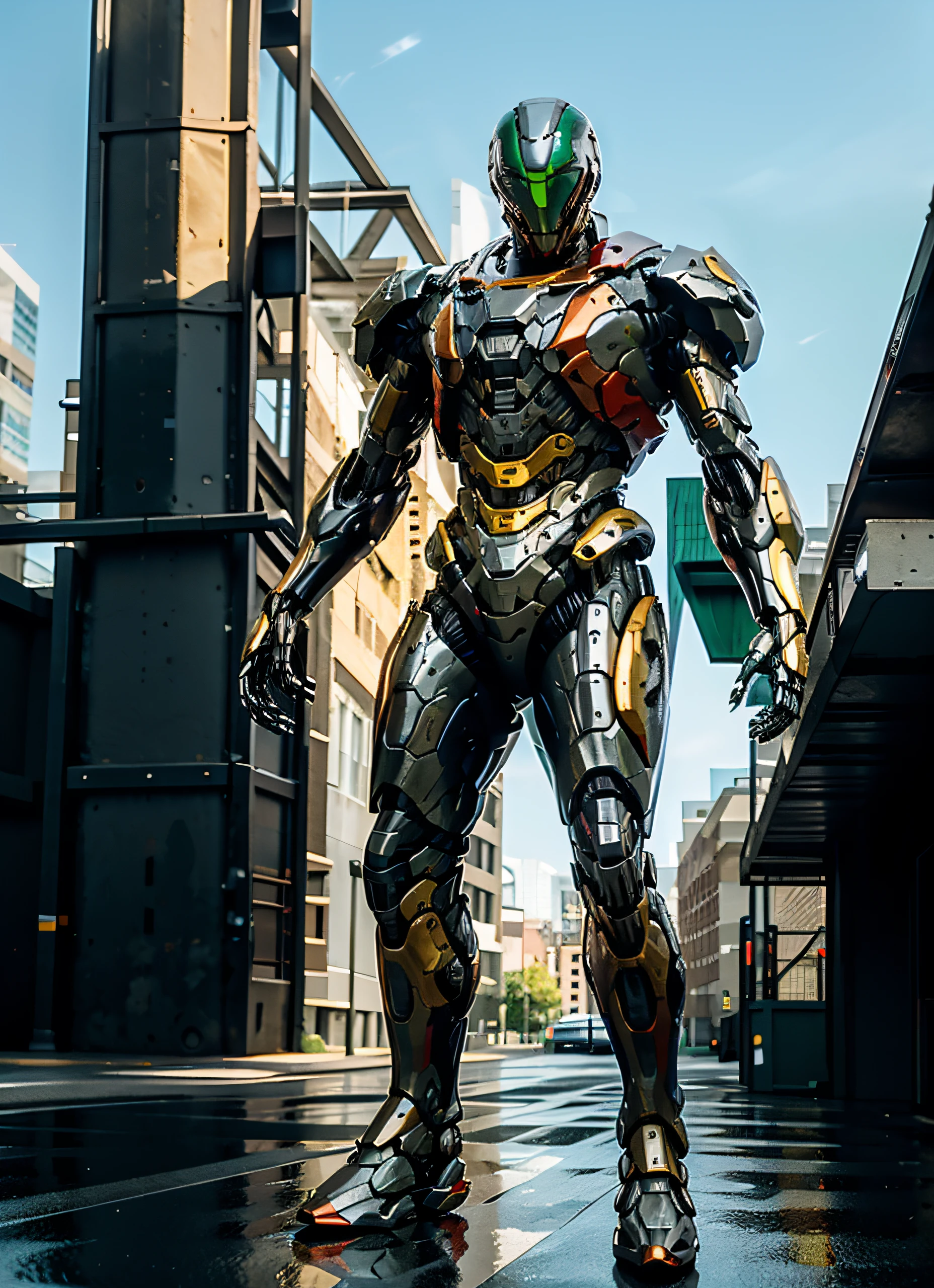 Ultra realistic Polymorphic humanoid Cyberpunk Mech Robot, extremely detailed full-body, head, legs, metal feet, 40th century security Mech, Multi colored armor, shiny Metallic finish, bright red, emerald green and blue glossy metal, lots of black chrome, aerodynamic design, dynamic symmetry, carbon fiber joints, Smooth curves, precision engineering, Standing on street corner protecting pedestrians, front lighting