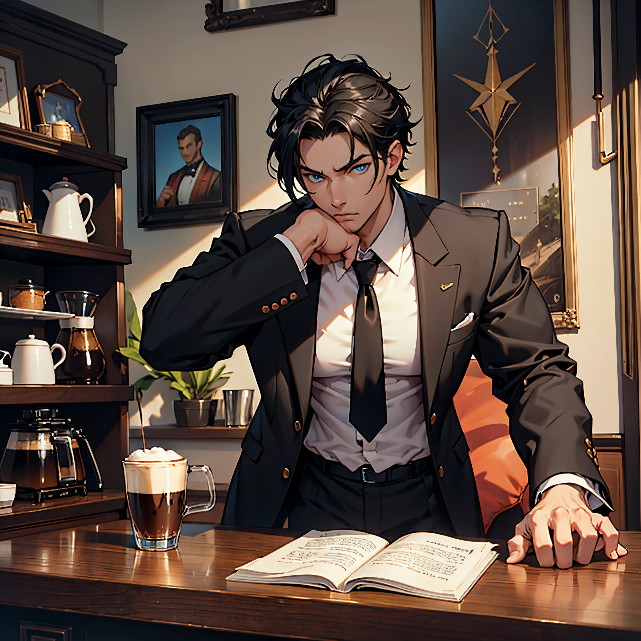 1 male, solo, black formal clothes, black hair, blue colored eyes, coffee shop, looking to a book, absurdres masterpiece, ultra HD, adult, cat on the table, coffe on the table, sculpted body, bossy, daddy