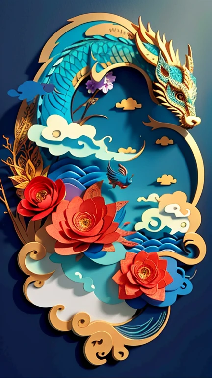 Paper cut close-up of dragon and wave, The art of layered paper, paper art, Intricate and colorful masterpieces, intricate 3 d illustration, A colorful and intricate masterpiece, Detailed digital 3D art, colourful artwork, arte em papel cortado, Complex artwork, Abstract 3D artwork, Highly complex and colorful, unique and intricate painting, intricate digital painting, Beautiful digital artwork