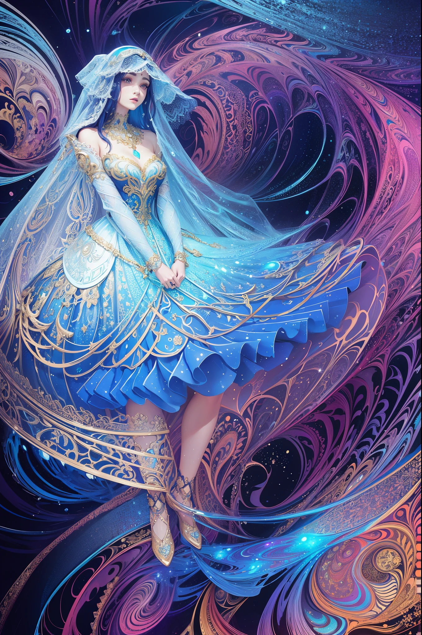 (masterpiece, top quality, best quality, official art, beautiful and aesthetic:1.2), (1girl:1.3), extremely detailed,(fractal art:1.2),colorful,highest detailed,(zentangle:1.2), (dynamic pose), (abstract background:1.5), (treditional dress:1.2), (shiny skin), (many colors:1.4)
1girl,realistic style with fantasy elements,high-definition,realistic blue and light black,charming realistic characters,shiny skin,Surrealism,detailed clothing
(((veil,colorful veil,Veil with light particle effect,glowing,dress))),
