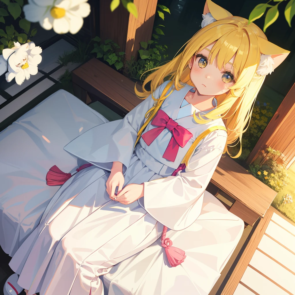 1girl in、AS-Kid、Japanese、white long dress、校服、serafuku、yellow hair、beautiful eyes、short、cat eat、cat tails、