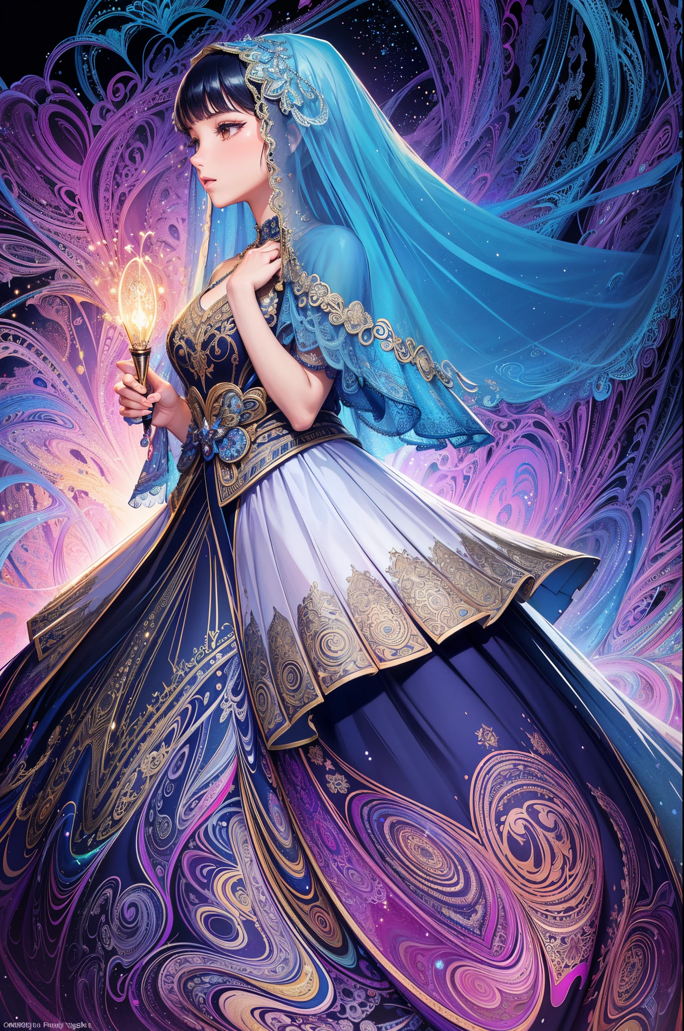 (masterpiece, top quality, best quality, official art, beautiful and aesthetic:1.2), (1girl:1.3), extremely detailed,(fractal art:1.2),colorful,highest detailed,(zentangle:1.2), (dynamic pose), (abstract background:1.5), (treditional dress:1.2), (shiny skin), (many colors:1.4)
1girl,realistic style with fantasy elements,high-definition,realistic blue and light black,charming realistic characters,shiny skin,Surrealism,detailed clothing
(((veil,colorful veil,Veil with light particle effect,glowing,dress))),