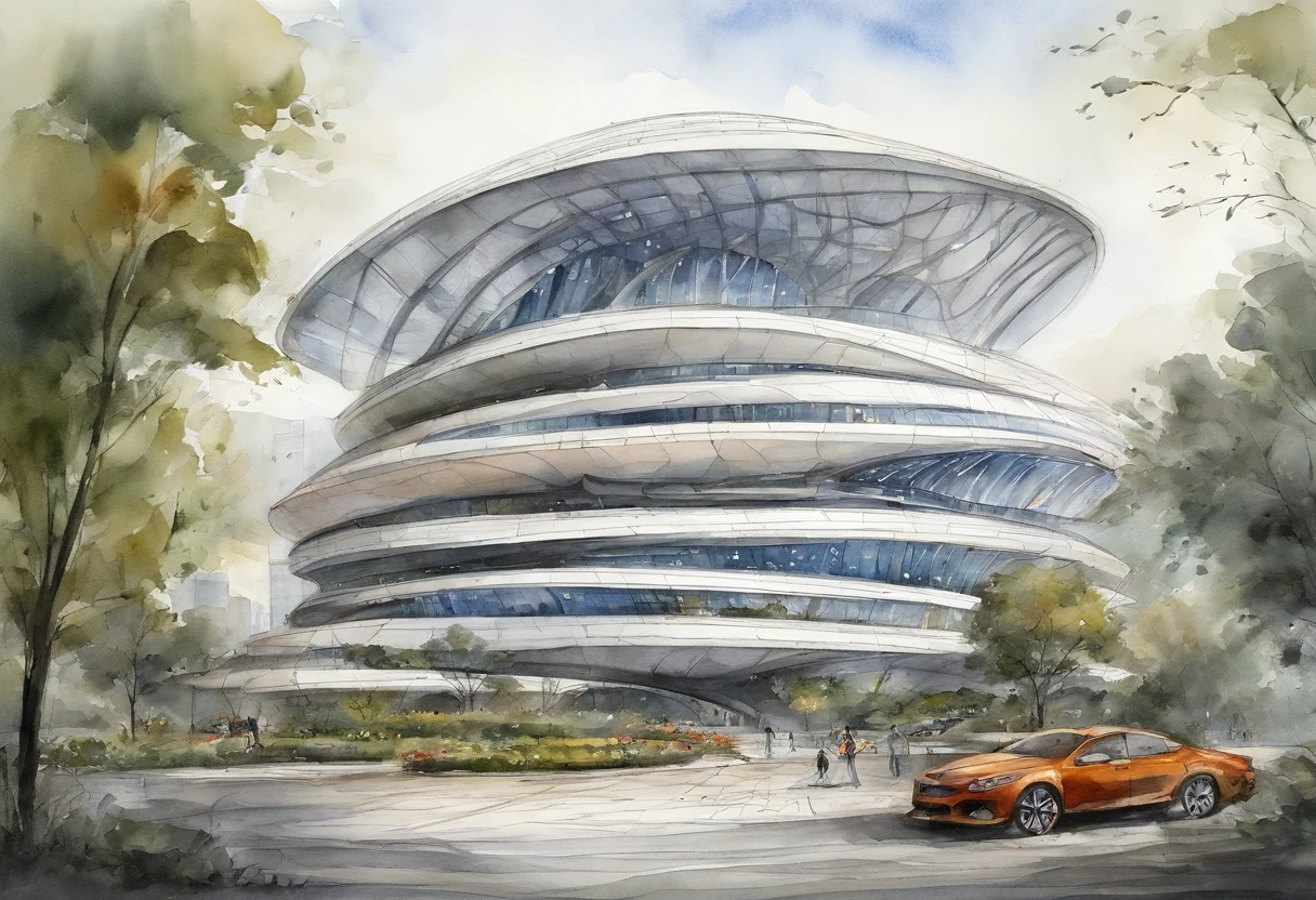urban center，Araffature of dome roof and parking lot building, Cha Shibiao, shenzhen, Inspired by Cha Shibiao, Zaha Hadid style architecture, Zaha Hadid architect style, Zaha Hadid Architecture, huge futuristic building,zaha hadid building, full view, futuristic sport arena, beijing
