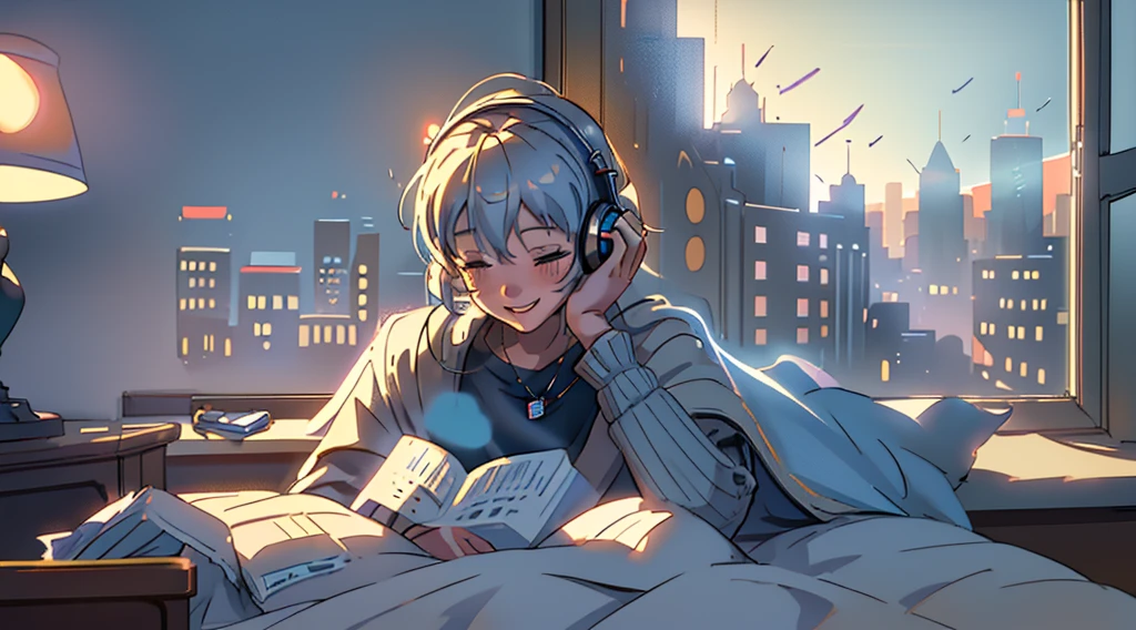 tmasterpiece, Best quality, cinematic Film still from, 1 boy wearing headphones, Bedrooms, read, desk with lamp, cityscape in the window, bright, Happy, Warm and soft lighting, unwind, (spark of light:0.7)