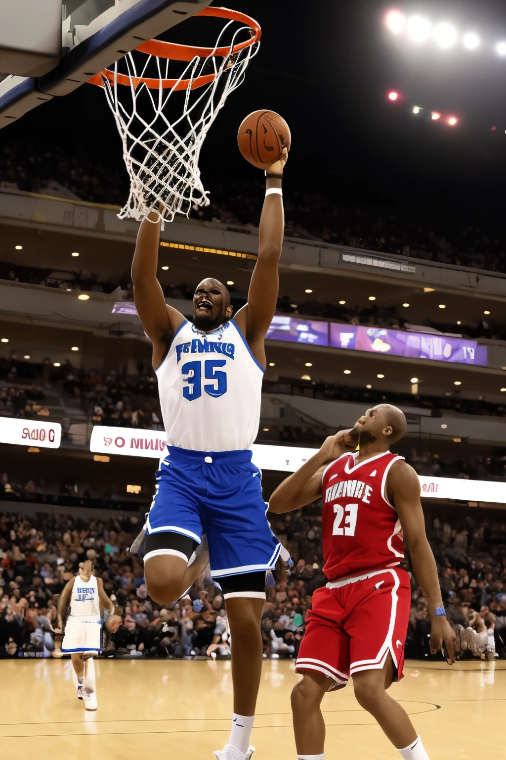 circus baby from five nights at Freddy’s sister location dunking on Shaquille O’Neal in a basketball court.