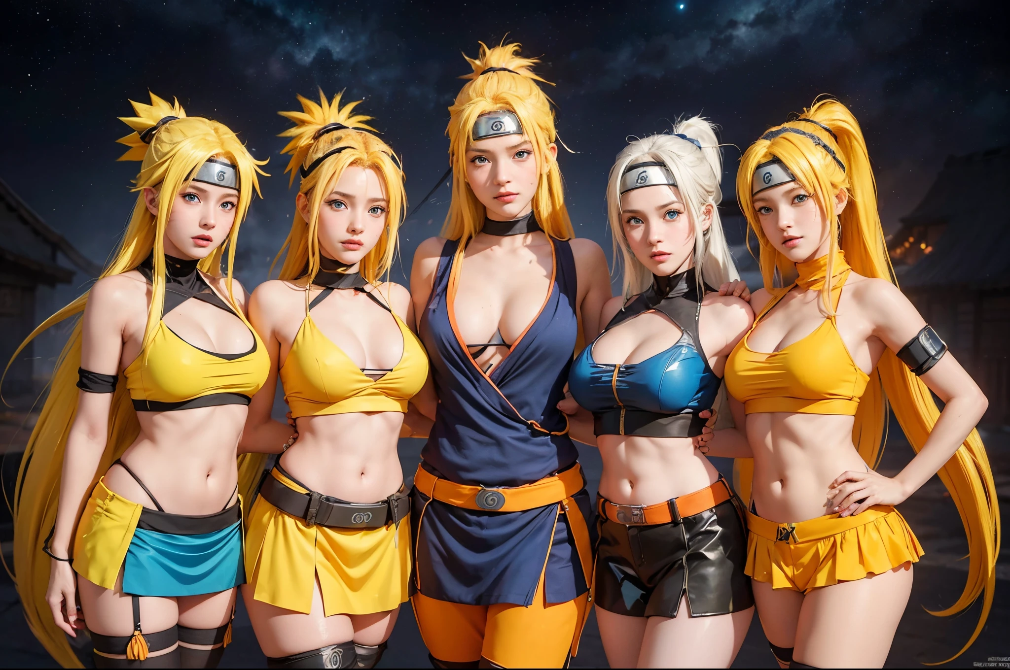 generate 5Narutoes all with yellow hair from naruto anime, best quality, masterpiece,so manygirl, smile, raytracing, ultra detailed, 8k wallpaper, wide hips, tsundere face, large breast, ninja headband. (long hair:1.1),yellow hair, ((blue eyes)), looking at viewer, collarbone, orange bikini, cleavage, female, at ramen shop, eating ramen. surrounded by narutoes, cat whiskers cheek, (((more than 2 narutoes))) full body picture, full body shoot, ((kage bunshin no jutsu)), masterpiece, best quality:1.2),(8k,highres,RAW photo,realistic,photo-realistic:1.3),(detailed skin texture,detailed cloth texture,beautiful detailed face:1.25),professional lighting,photon mapping,beautiful soft light,radiosity,physically-based rendering,model shoot style, model shoot style, (extremely detailed CG unity 8k wallpaper), full shot body photo of the most beautiful artwork in the world, complex 3d render ultra detailed, looking at viewer, 18 yo, wet hair, real human skin, vibrant details, hyperrealistic, beautiful, octane render, 8k, best quality, masterpiece, an extremely delicate and beautiful, extremely detailed ,CG ,unity ,wallpaper, (realistic, photo-realistic:1.37),Amazing, finely detail, masterpiece,best quality,official art, extremely detailed CG unity 8k wallpaper ,extreme detailed eyes, (perfect face), shiny skin, colorful, highest detailed, vibrant colors, ultra high res, (high contrast), intricate, lens flare, (blue wind effect), (rasengan)