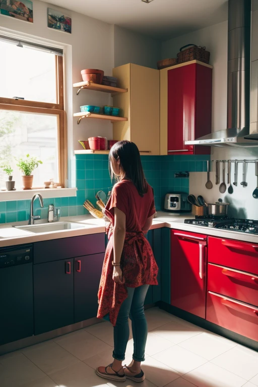a person standing in a vibrant kitchen