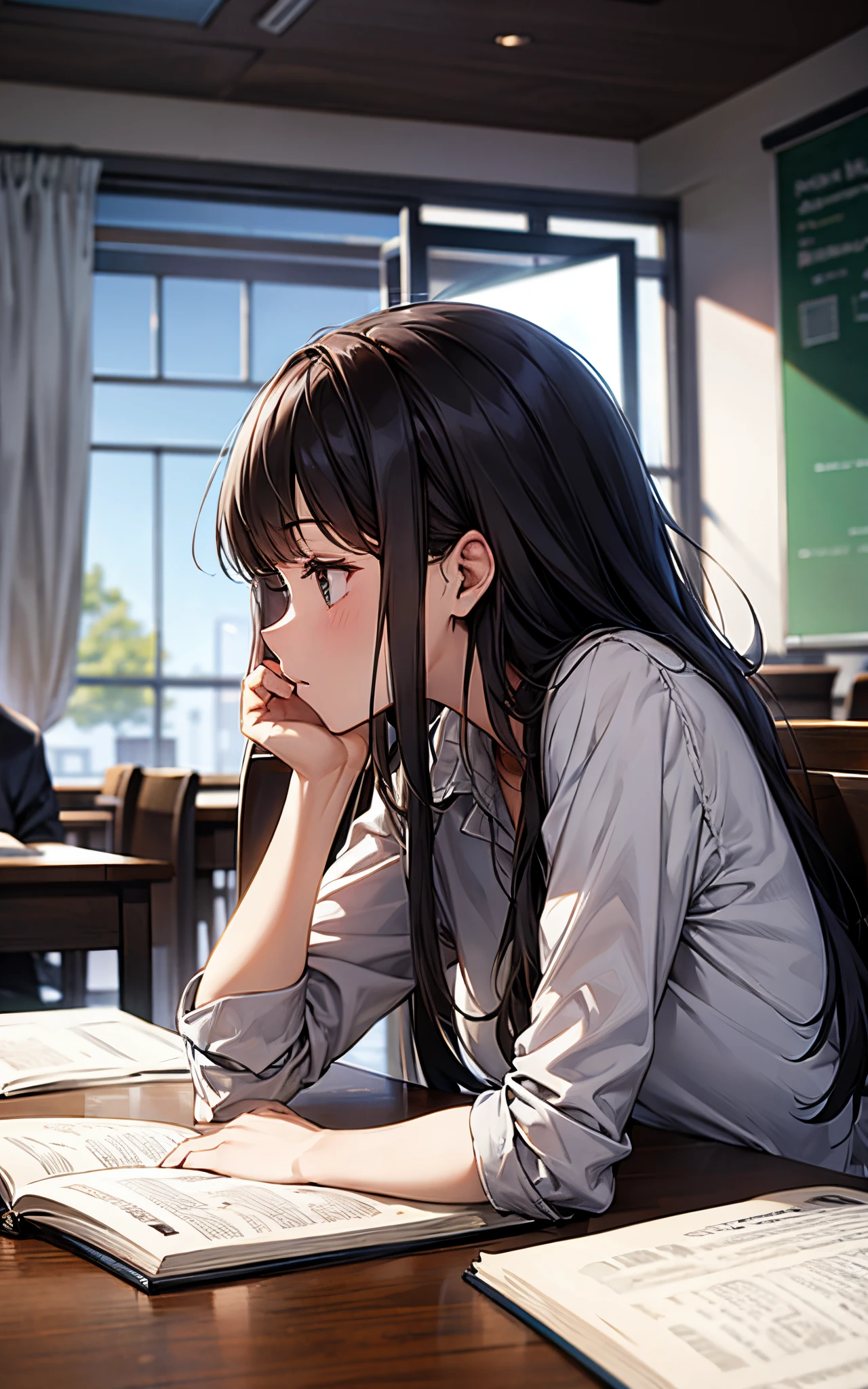 Profile of her studying seriously during class