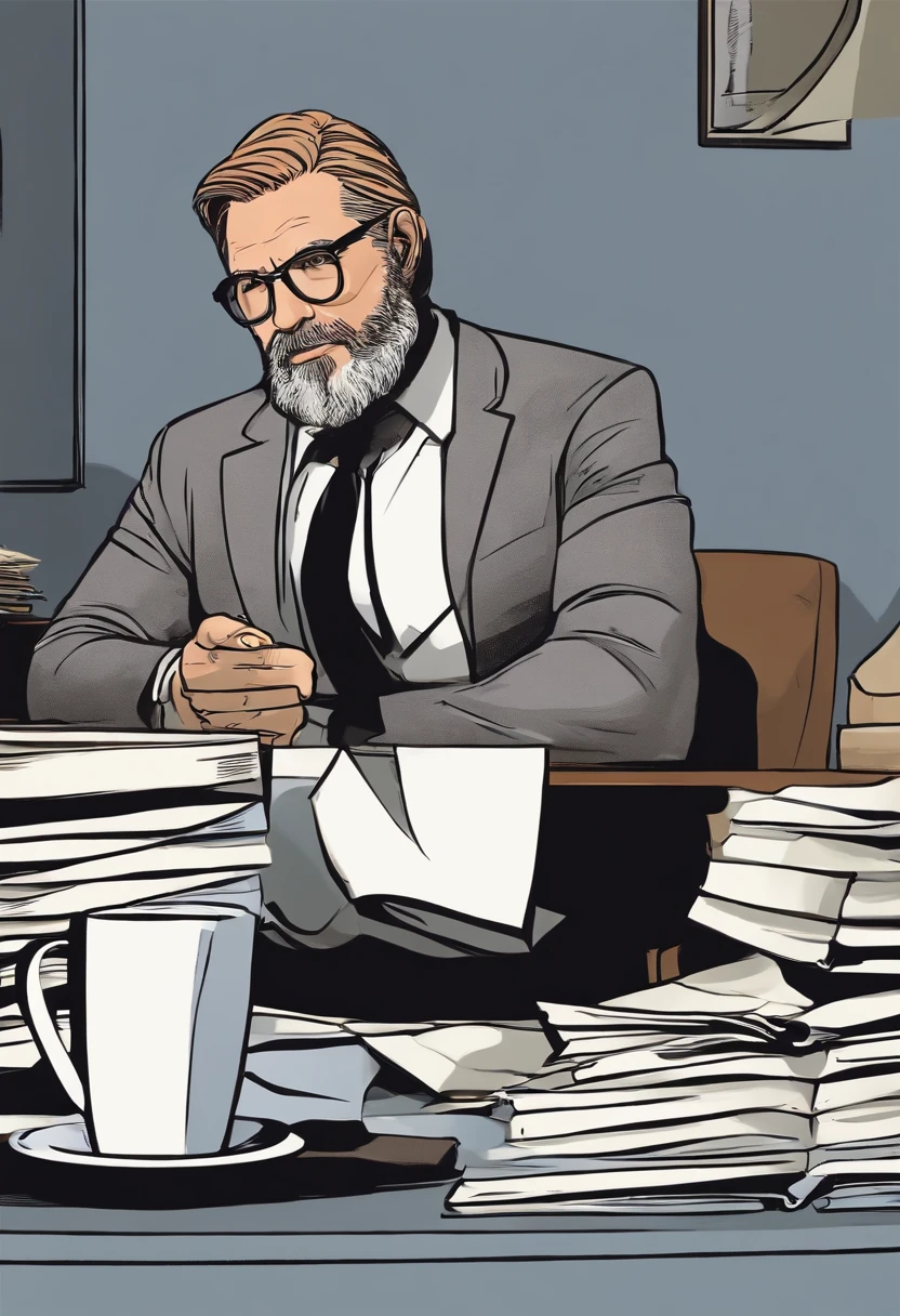 A photo of Harvey sitting at his desk with a disinterested look on his face, surrounded by a stack of paperwork and a half-empty cup of coffee.,Gotham,Harvey is an older male, with ginger and grey shaggy hair and beard, wears a suit and tie and fedora, famously portrayed by Donal Logue, male