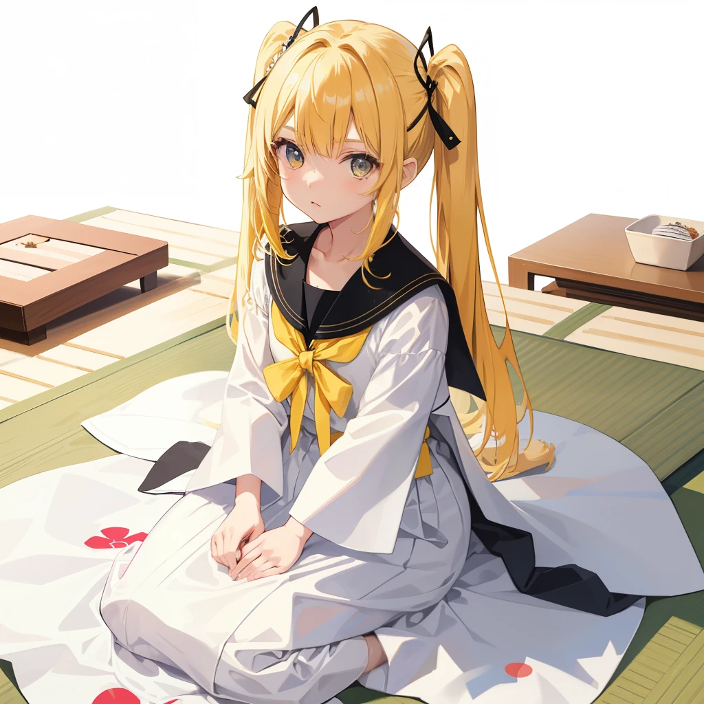 1girl in、AS-Kid、Japanese、white long dress、校服、serafuku、yellow hair、beautiful eyes、short、cat eat、cat tail、