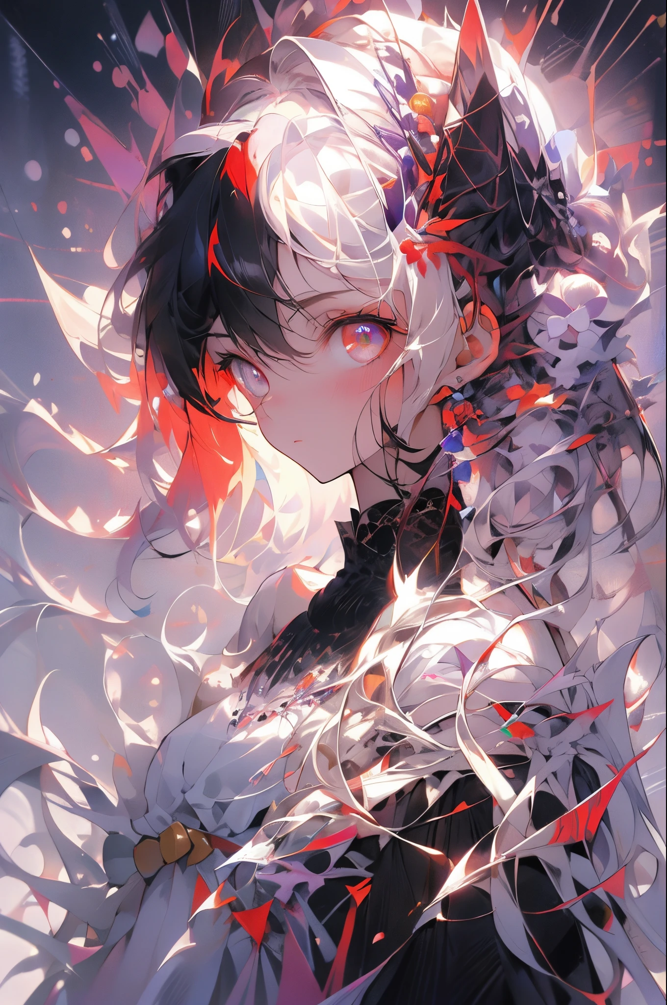 , (masterpiece:1.2), best quality,midjourney,
1girl, solo, long hair, white hair, looking at viewer, long sleeves, black dress, dress, own hands together, ahoge, very long hair, shirt, bangs, red hair, hair ornament, heterochromia, multicolored hair, pointy ears, purple eyes, white background, white shirt, closed mouth