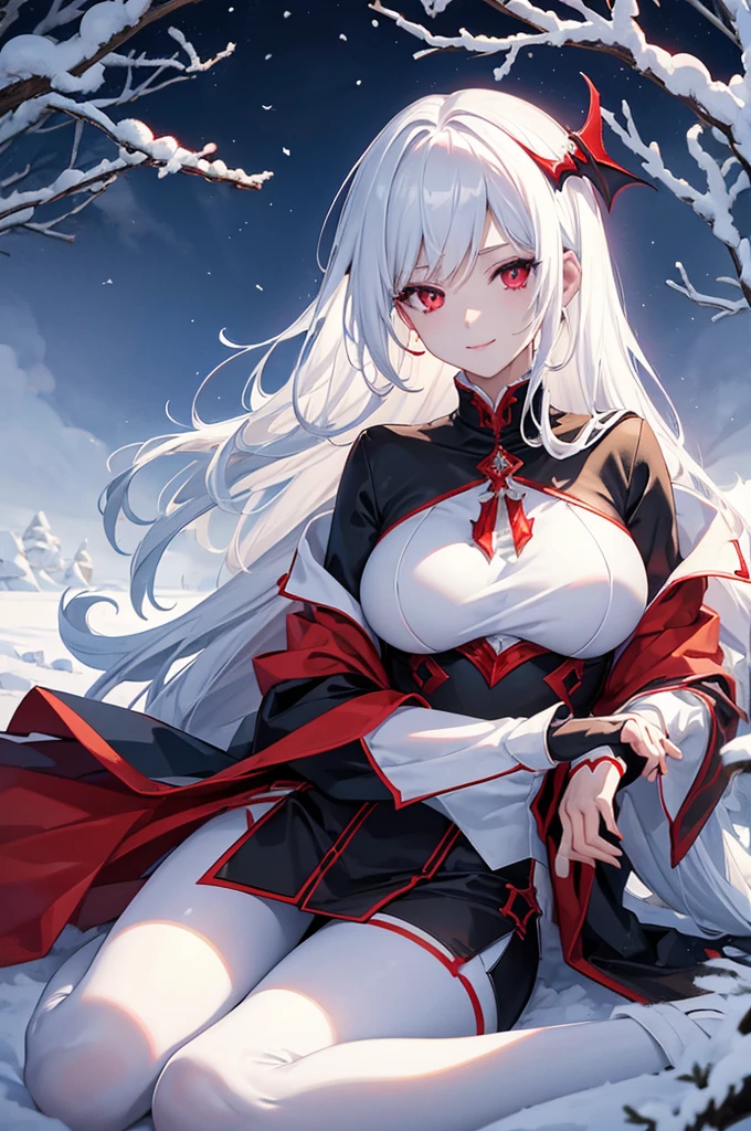 High quality 4k illustration. (1 sexy vampire anime girl), [sexy pale skin vampire girl], short detailed white hair, bright red eyes, [light armor], blue coat with white stripes, long black pants, medium breasts. {looking at the viewer with a slight smile, lying at dawn in the snow}.