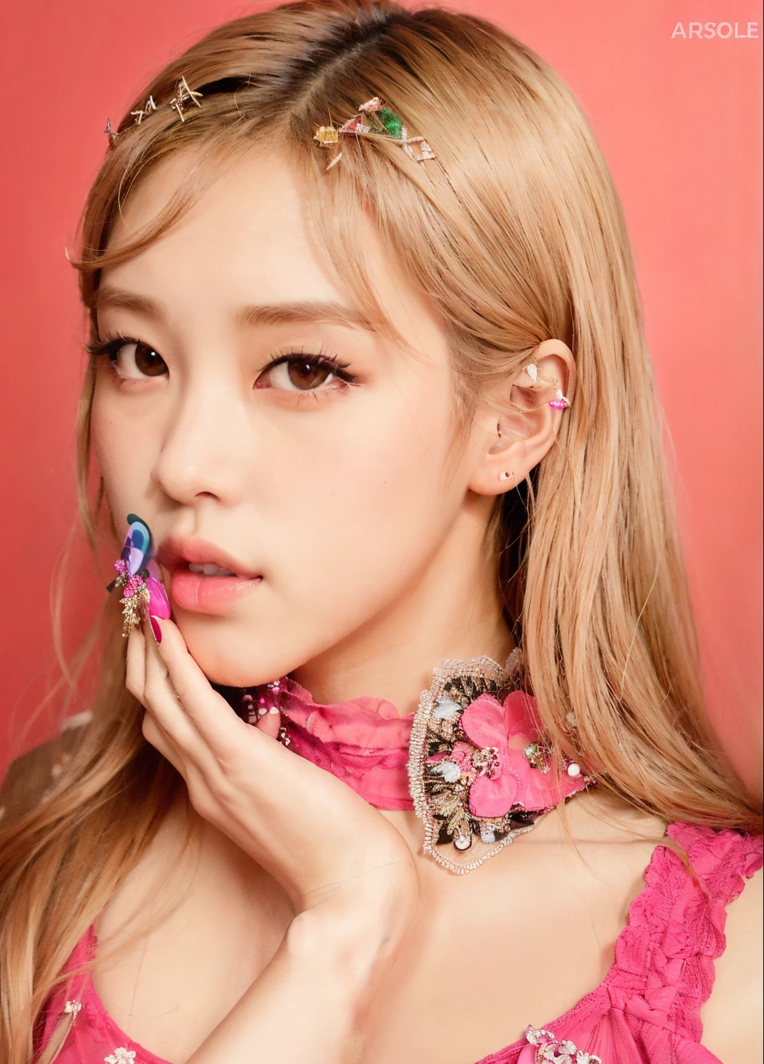 Chica araffe con un vestido rosa y una gargantilla rosa., Retrato de Jossi de Blackpink, Parque Roseanne de Blackpink, Jossi de Blackpink, Retrato Jisoo Blackpink, Jisoo de Blackpink, Lalisa Manoban de Blackpink, Rose de Blackpink, rosa negro, maquillaje popular de Corea del Sur, Blackpink Jennie