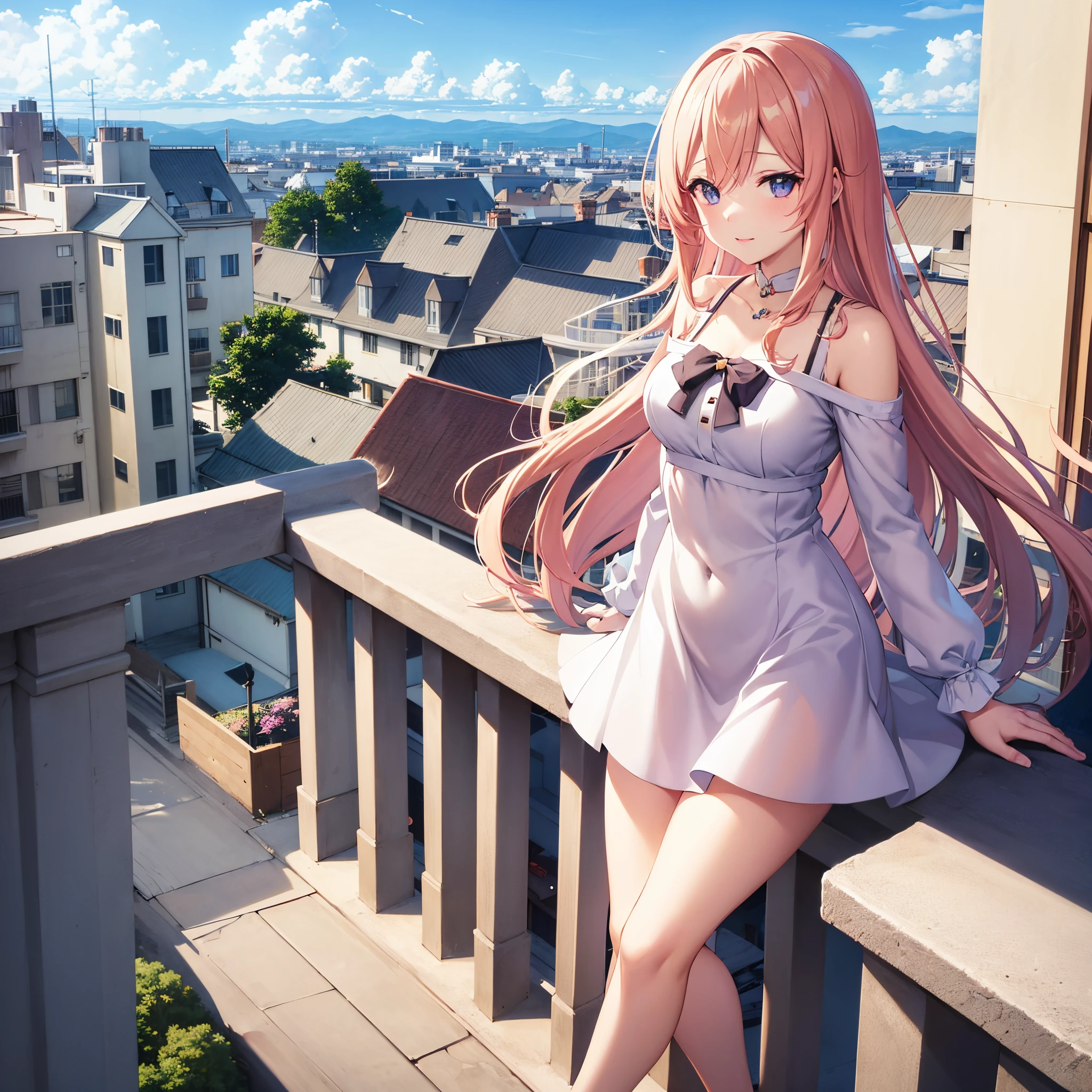 anime girl standing on a balcony with a city in the background, anime moe artstyle, anime visual of a cute girl, hanayamata, seductive anime girl, 4k anime wallpaper, beautiful anime girl, young anime girl, best anime 4k konachan wallpaper, anime wallpaper 4 k, anime wallpaper 4k, anime style 4 k, an anime girl
