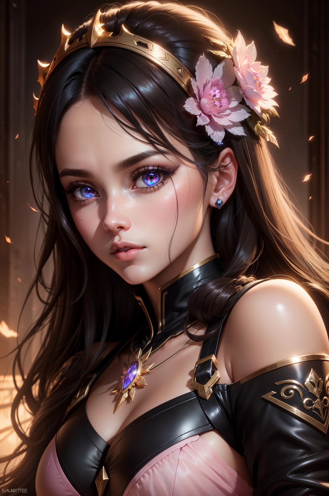 Masterpice, high quality, 4k, unreal engine, Face portrait of a very Beautiful princesse glowing eyes sexy face glowing eyes hyper realistic super detailed Dynamic shot, black hair, brown eyes, pink lips