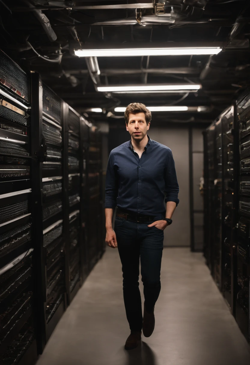 A photo of Sam Altman leading a team of engineers in a top-secret underground bunker, surrounded by advanced AI hardware and servers,original,Sam Altman, male