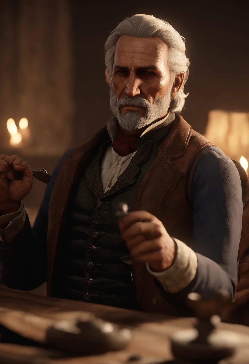 A photo of Hosea sharing his favourite tips and tricks for successful cons and heists.,Red Dead Redemption II, Hosea is a lean, elderly man with neat, silver hair cut short and a clean-shaven face., male