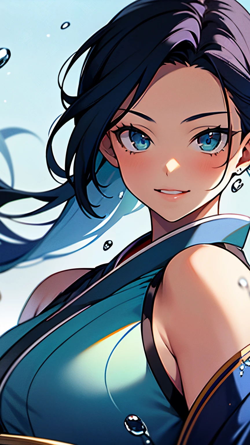 epic realistic, (close up), 1girl, floating blue_hair, long hair, (water:0.7), waterdrop, wet, holding_katana, blue_kimono with pattern, ultra detailed, (textured_clothing), black_background, 1girl, water, yushushui