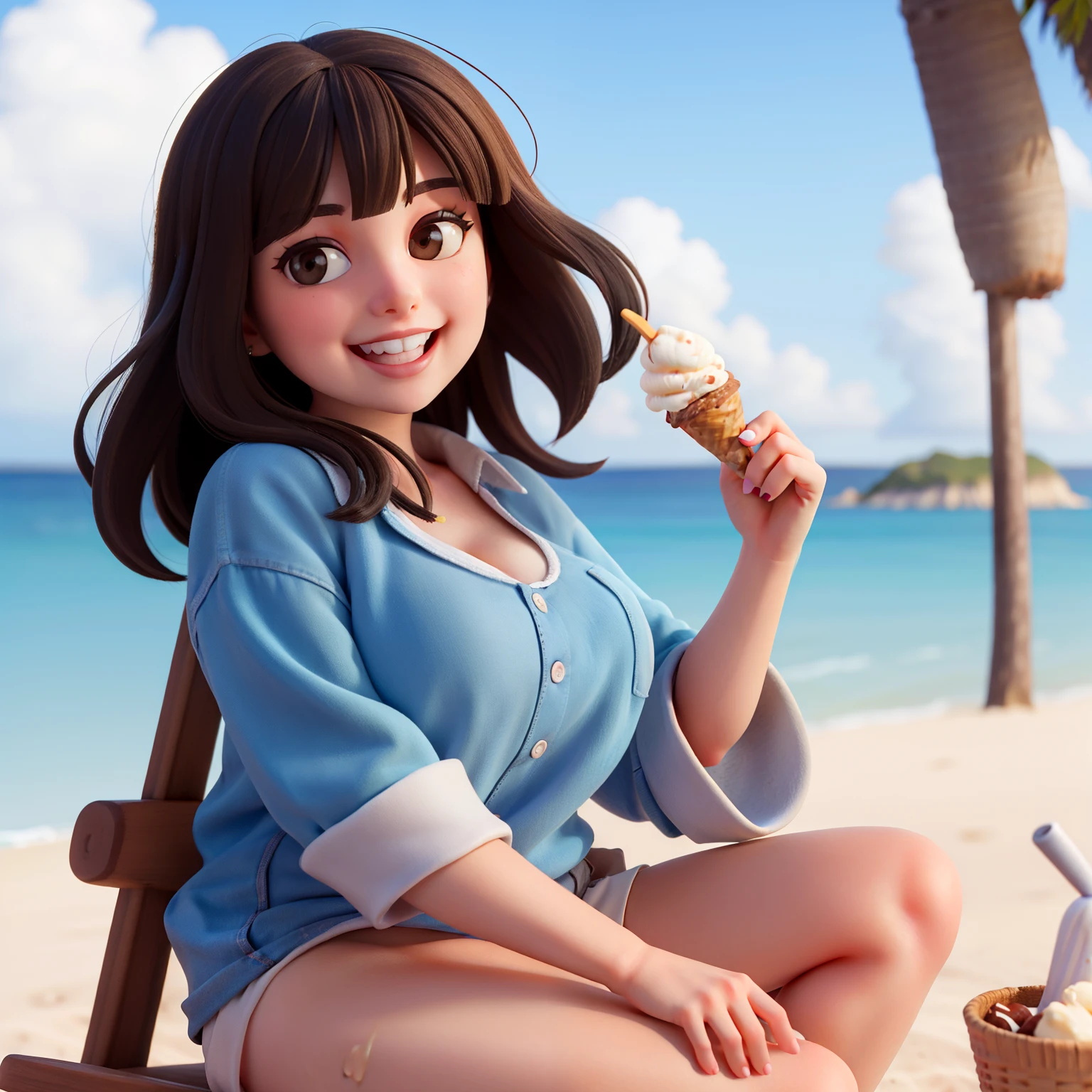 Masterpiece, high quality, best quality, fat brunette woman eating ice cream cones in the beach, black hair and eyes smiling