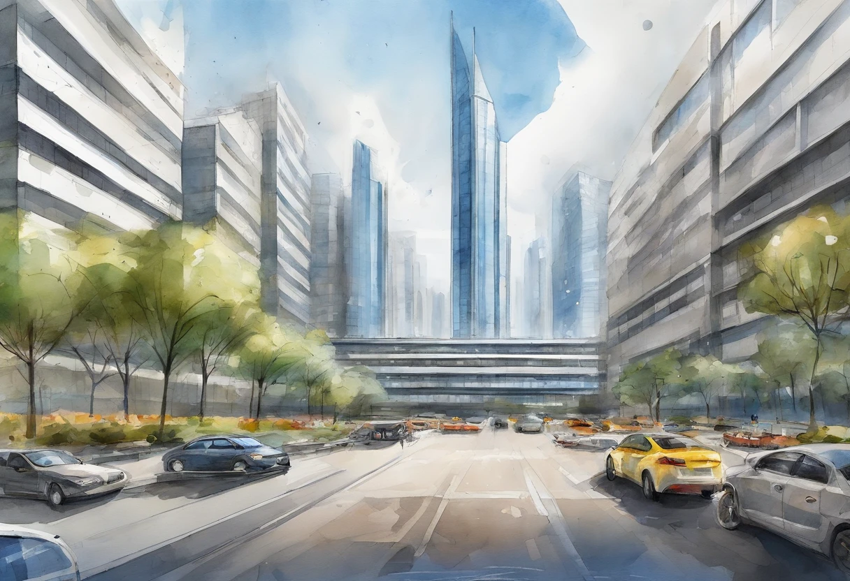 The picture shows a large modern building,It has a unique design,Appearance looks like a flying saucer,The surface consists of a geometric pattern of many triangles,Give people a sense of technology and the future。The building is located in an open square,There are neatly arranged parking lots and several wide roads around。Behind the building is a row of tall skyscrapers,The blue sky and fresh climate make the whole picture look very bright。In the square in front of the building,Scattered pedestrians and some vehicles can be seen。The whole scene feels modern、Busy and orderly。