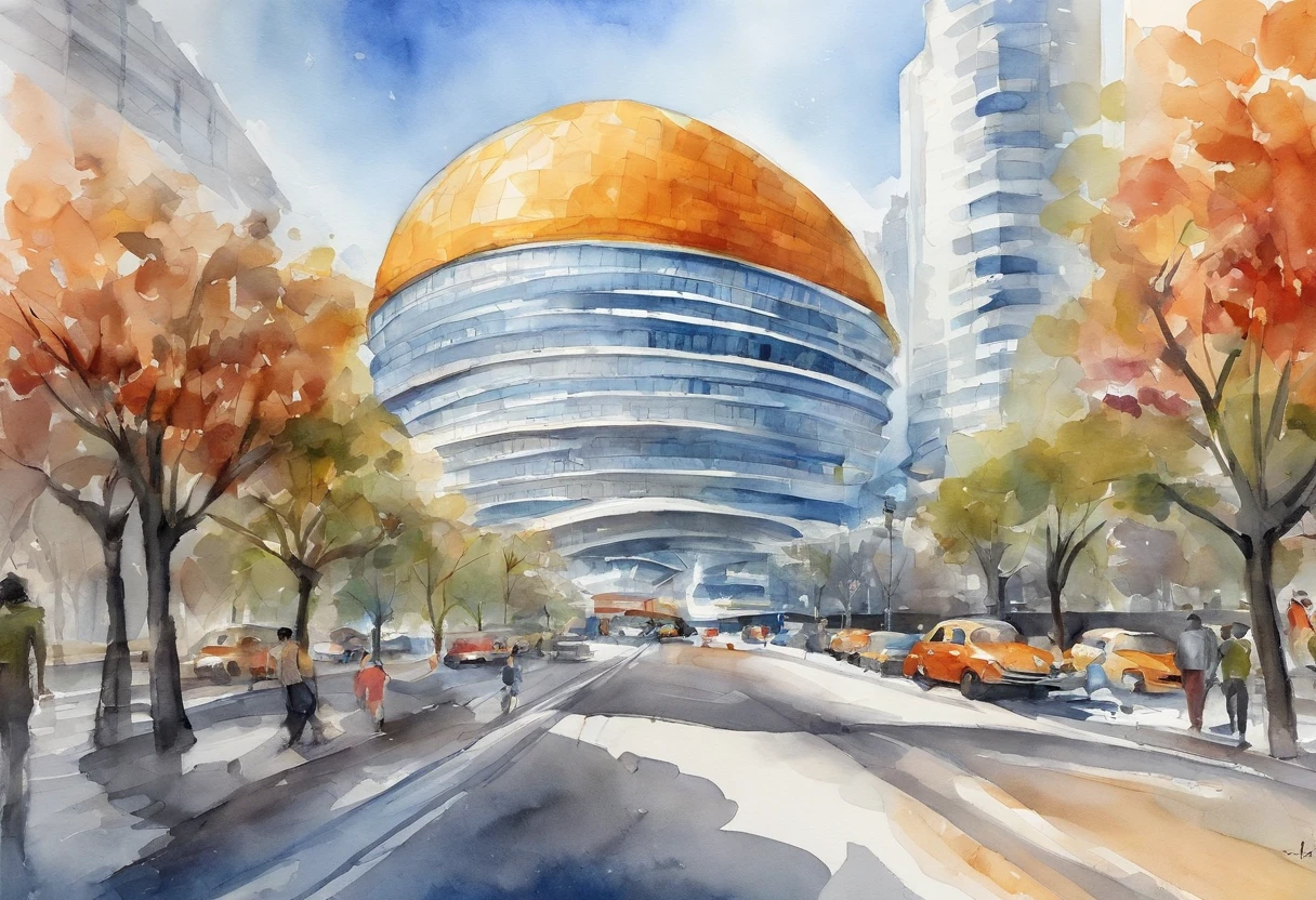 The picture shows a large modern building，It has a unique design，Appearance looks like a flying saucer，The surface consists of a geometric pattern of many triangles，Give people a sense of technology and the future。The building is located in an open square，There are neatly arranged parking lots and several wide roads around。Behind the building is a row of tall skyscrapers，The blue sky and fresh climate make the whole picture look very bright。In the square in front of the building，Scattered pedestrians and some vehicles can be seen。The whole scene feels modern、Busy and orderly。