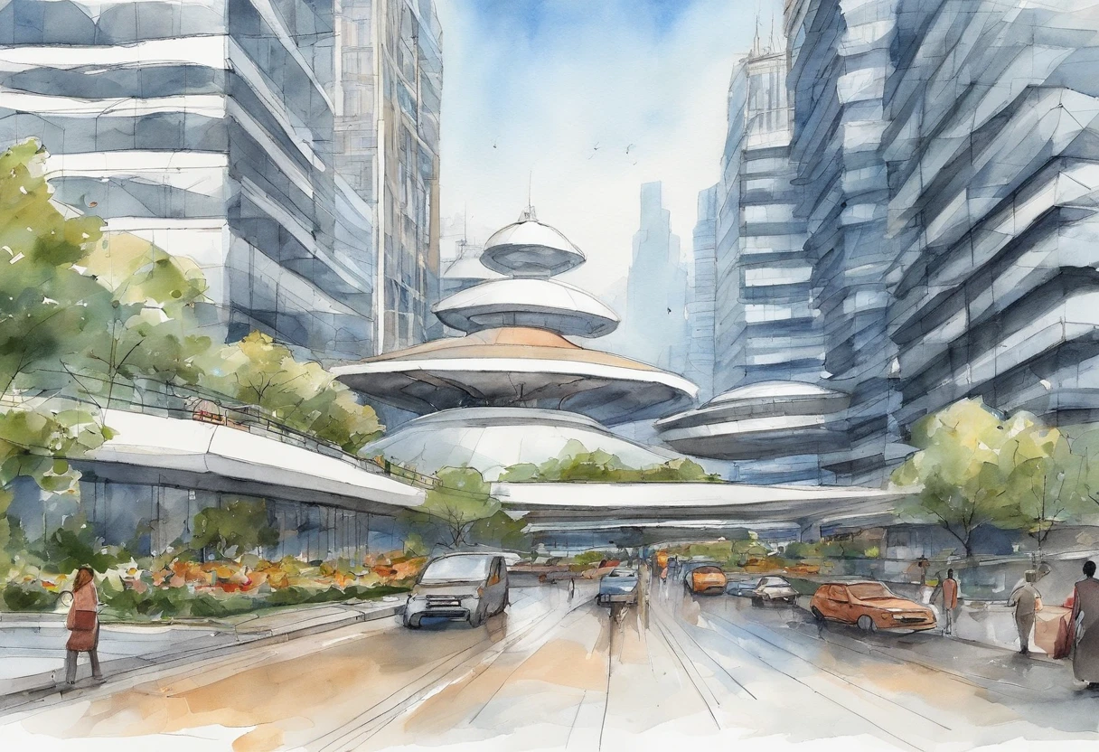 The picture shows a large modern building,It has a unique design,Appearance looks like a flying saucer,The surface consists of a geometric pattern of many triangles,Give people a sense of technology and the future。The building is located in an open square,There are neatly arranged parking lots and several wide roads around。Behind the building is a row of tall skyscrapers,The blue sky and fresh climate make the whole picture look very bright。In the square in front of the building,Scattered pedestrians and some vehicles can be seen。The whole scene feels modern、Busy and orderly。